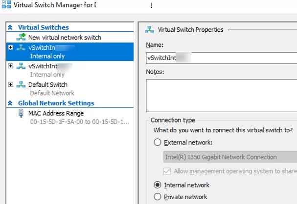 hyper-v: create two internal network switches