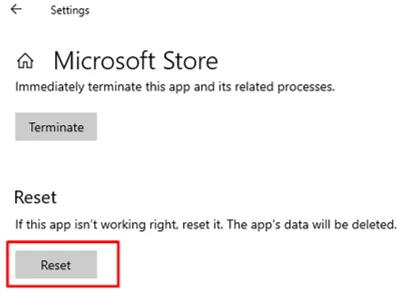 reset Microsoft store app