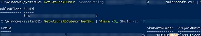 check current azure license (subscrition) for a user