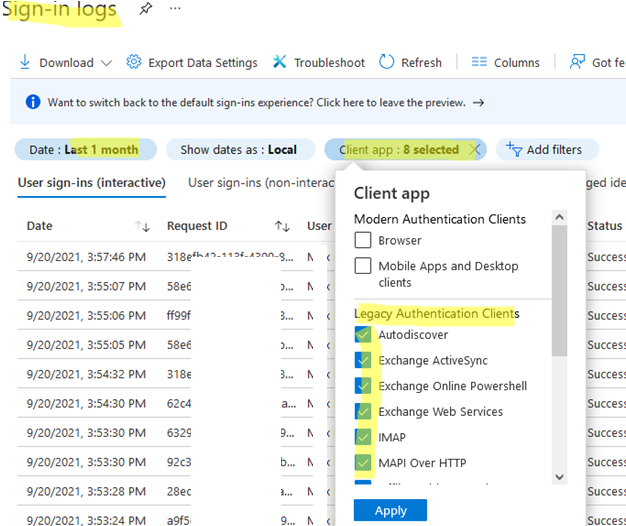 check for basic auth events in the azure sign-in logs