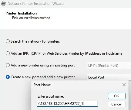 create local print port with unc network path