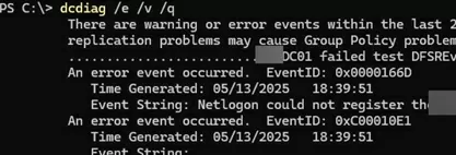 dcdiag /q - show only domain controller errors