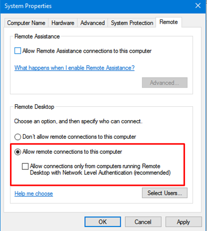 disable NLA for Remote Desktop