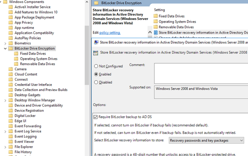 GPO: Store BitLocker recovery information in Active Directory Domain Services