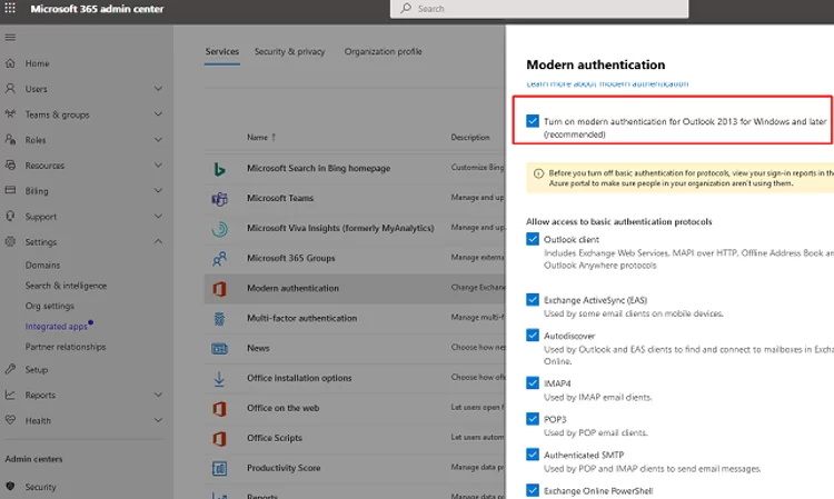 microsoft 365 admin center - Turn on modern authentication for Outlook 2013 for Windows and later