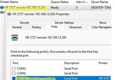 shared printer with local port on windows