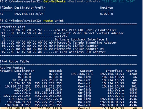 show VPN connection custom route