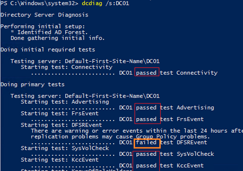 Testing AD domain controllers health using dcdiag.exe