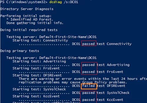 Testing AD domain controllers health using dcdiag.exe