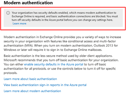 Your organization has security defaults enabled, which means modern authentication to ‎Exchange Online‎ is required, and basic authentication connections are blocked