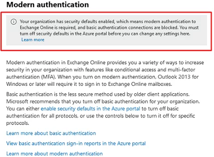 Your organization has security defaults enabled, which means modern authentication to ‎Exchange Online‎ is required, and basic authentication connections are blocked