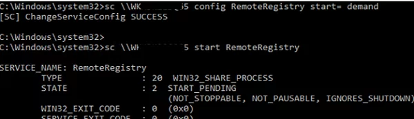 command promt: start the RemoteRegistry service on remote computer using sc tool