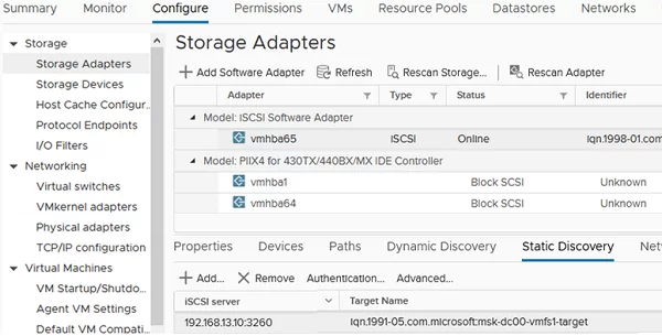 configure Static Discovery of iscsi targets on vmware vsphere