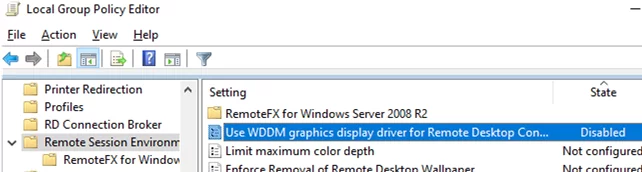disable using of WDDM graphics display driver for Remote Desktop Connections 