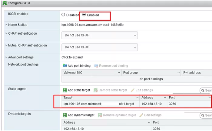 enable software iscsi and ser target ip address on esxi