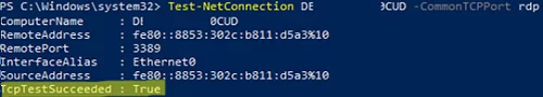 powershell: check for open RDP port TCP 3389