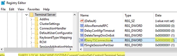 set fDenyTSConnections to 0 via remote registry editor