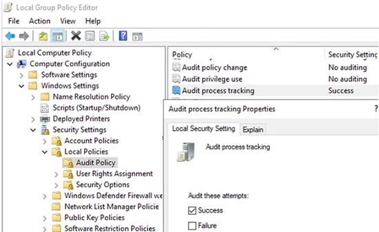 Enable audit process tracking policy in Windows