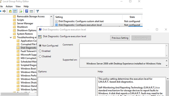 Enable drive SMART health alerts on Windows using GPO - Disk Diagnostic: Configure execution level