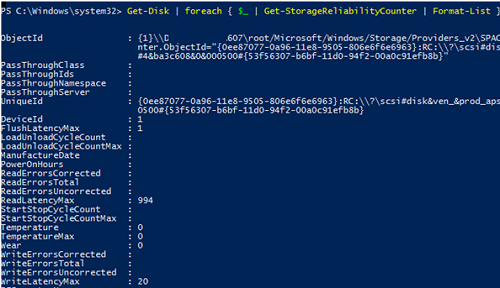 Get disk reliability counters - PowerShell - Get-StorageReliabilityCounter 