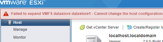 VMware error: Failed to expand VMFS datastore - Cannot change the host configuration