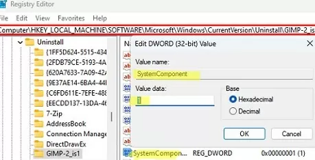 SystemComponent registry parameter used to hide installed app