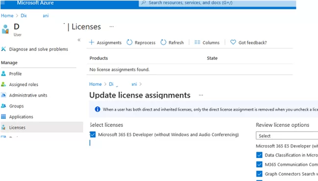 azure ad portal: user license assignments