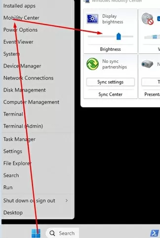 Brightness slider control in Windows 11 Mobility Center