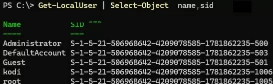 list local users and sids with PowerShell