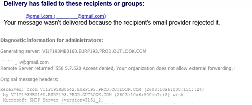Access denied error message when setting up email forwarding in exchnage online ('550 5.7.520 Access denied, Your organization does not allow external forwarding)