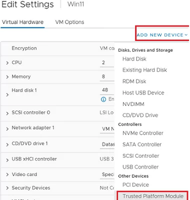 add trusted platform module to a VMware VM on ESXi