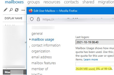 get mailbox size using Exchange Admin Center
