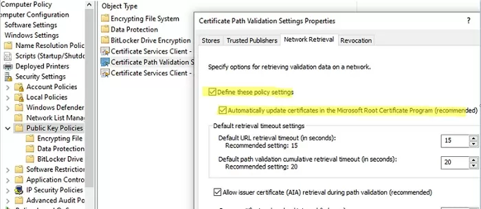 GPO: auto update root microsoft certificates