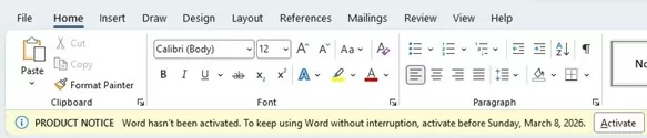Microsoft Office product notice - activation required