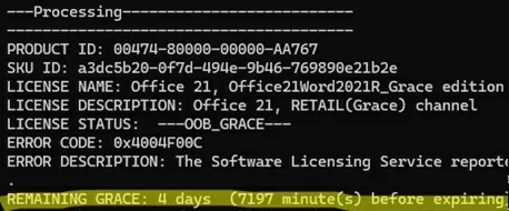 ospp.vbs: Get MS Office activation status remaining grace