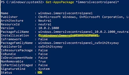 powershell Get-AppxPackage ImmersiveControlPanel info
