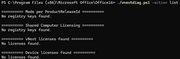 PowerShell script vnextdiag.ps1 - microsoft 365 app license manage