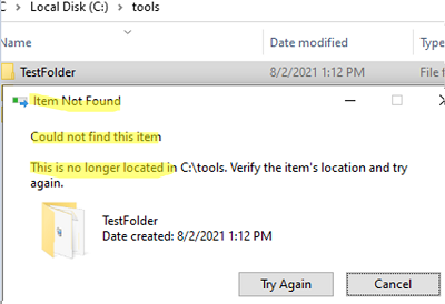 cannot remove folder: Item Not Found Could not find this item. This is no longer located in folder_path. Verify the item’s location and try again. 
