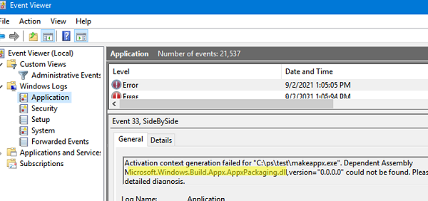 eventid 33 SideBySide - Activation context generation failed 