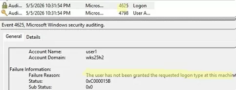 Event ID 4625: The user has not been granted the requested logon type