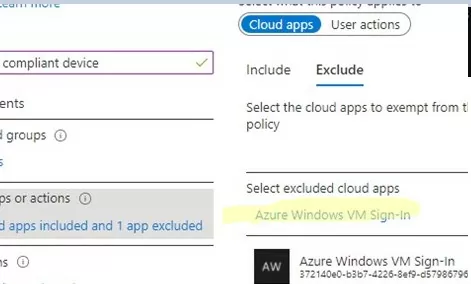 exclude azure vm signin app from conditional access policy
