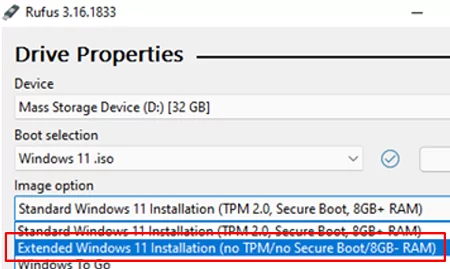 rufus create installation media without TPM ans secure boot checks