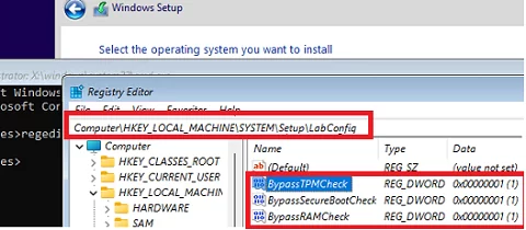 windows 11 setup screen: bypass unsupported device checks using the bypasstpmcheck parameter under the reg key labconfig
