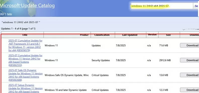 search for windows updates in microsoft update catalog