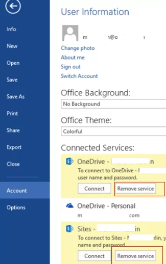 remove connected service account in office 2019