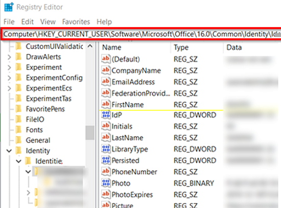 remove the office 365 mailbox cached data in registry
