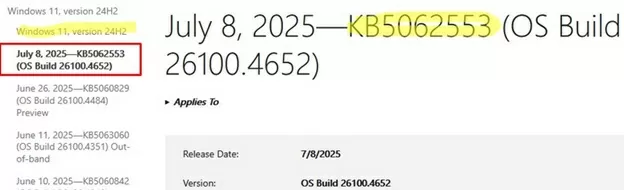 View KB update history for specific Windows OS build