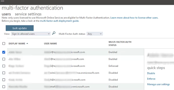 Enable/disable MFA for Azure AD User