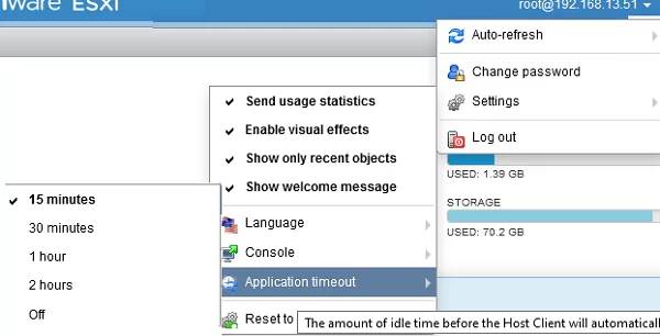 esxi application timeout - the ammount of time before the host client will automatically logoff user