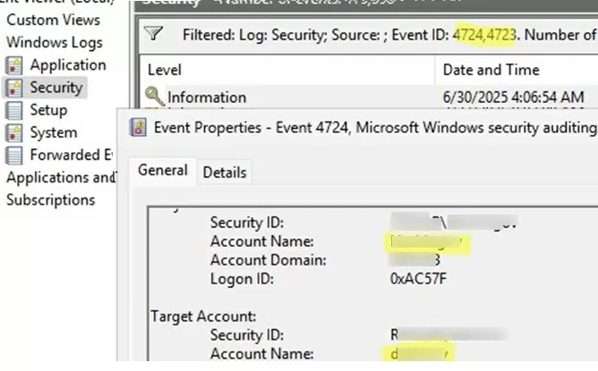 Filter DC security log for eventid 4724: password reset
